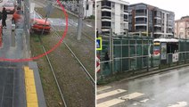 Samsun'da otomobil, tramvay istasyonuna daldı! O anlar kamerada