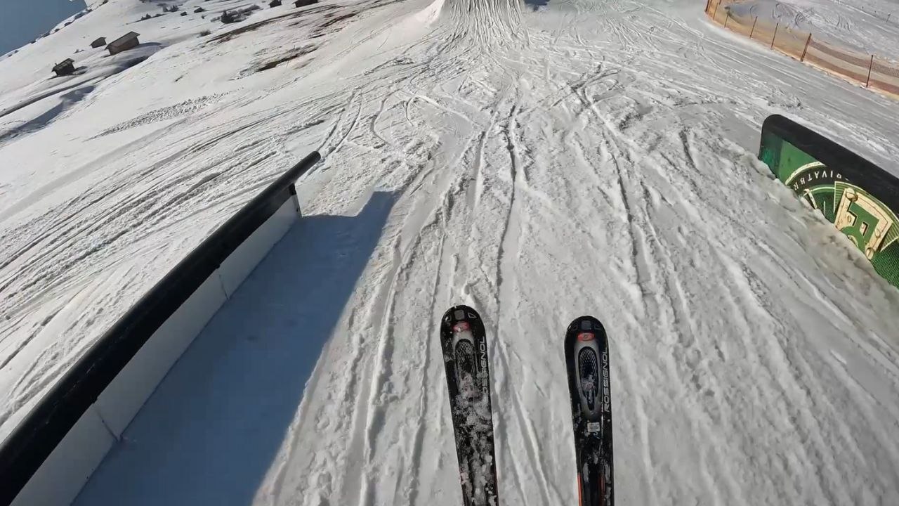 Skier chuckles at himself after a wacky stunt idea ends in an embarrassing fashion