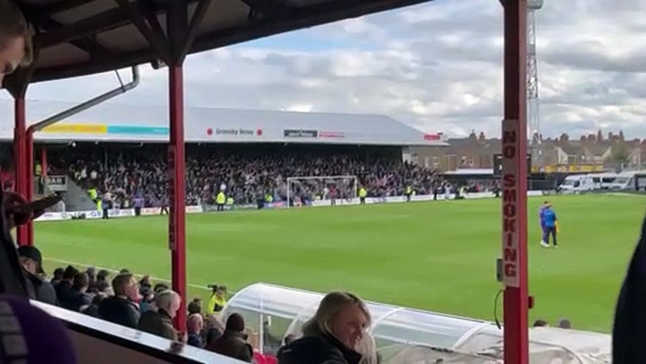 Hartlepool United supporters celebrate the 4-1 win over Grimsby Town