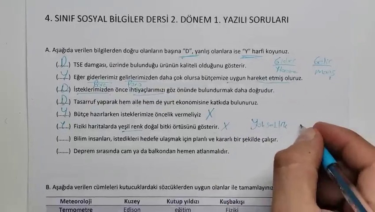 4. Sınıf Sosyal Bilgiler 2. Dönem 1. Yazılı Soruları ve Çözümü #2023 ( Çıkabilir