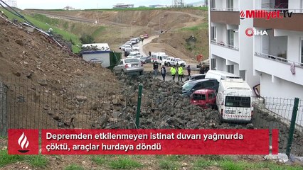 İstinat duvarı yıkıldı; 8 araç hasar gördü