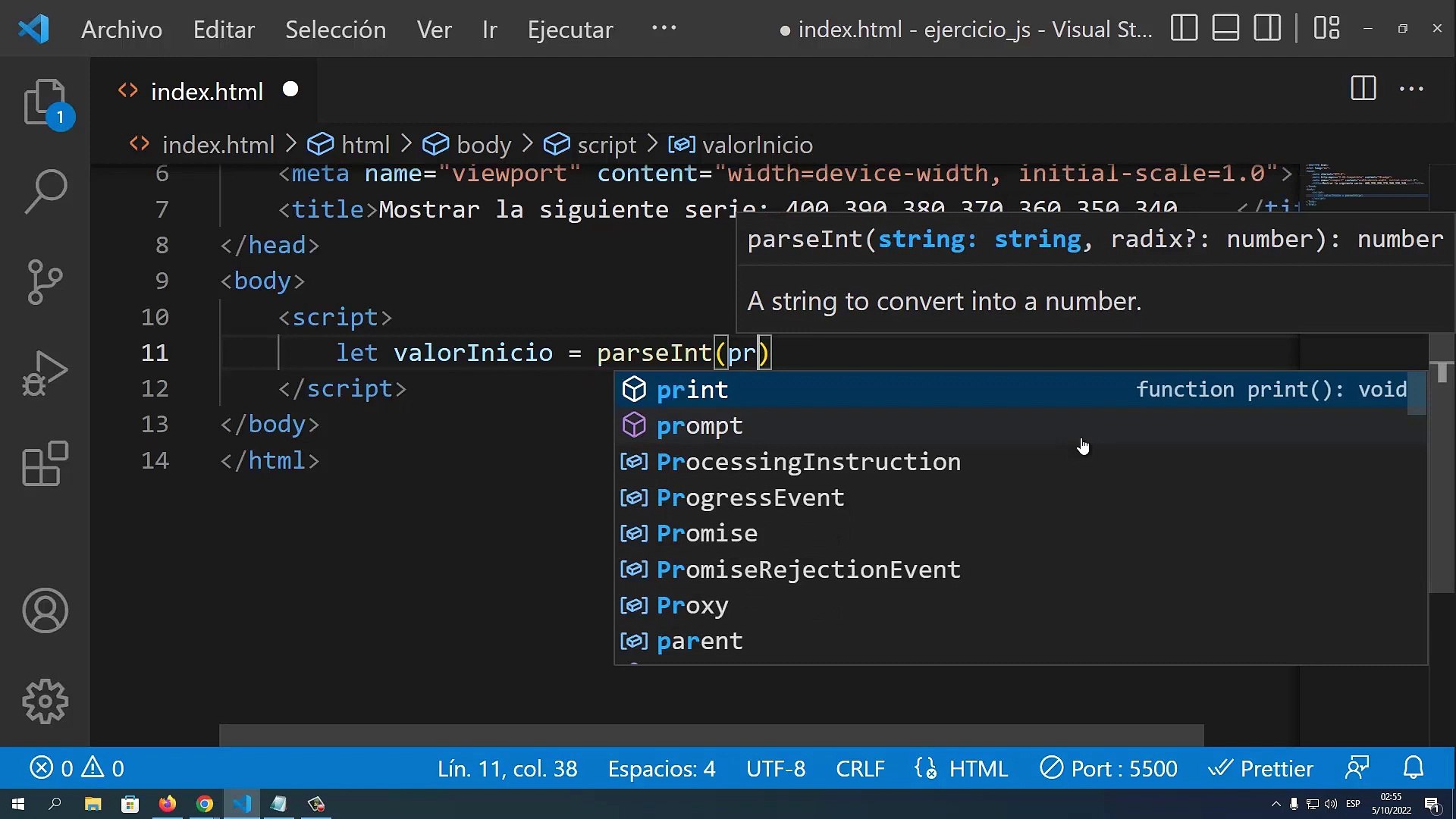 Mostrar la siguiente serie: 400,390,380,370,360,350,340,... en JavaScript