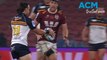 Brumbies winger Corey Toole cops hit from Queensland Reds lock Angus Blyth