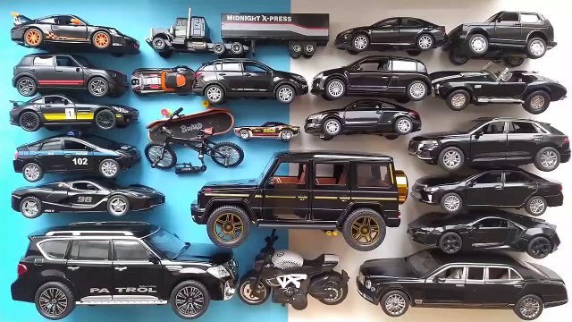 Big Collection of Diecast Cars - Black Motorcycle, SUV, Sports, Cabriolet, Pickup, Sedan, Police Car