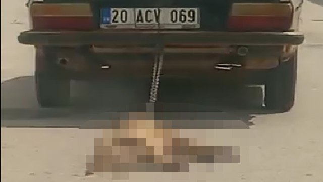 Korkunç görüntüler, köpeği aracın arkasına bağlayıp sürükledi