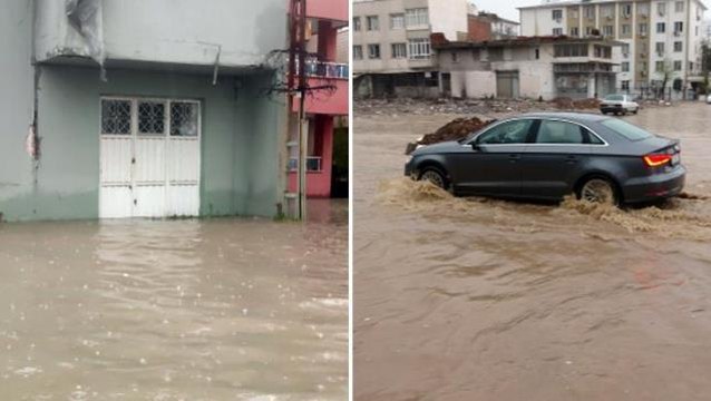 Yine deprem bölgesi yine aynı manzara! Şiddetli yağışlarda yollar göle döndü, taşkınlar yaşandı