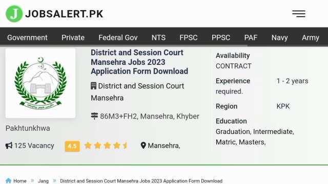 District And Session Court Jobs Mansehra | Latest Jobs In KPK