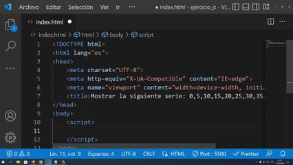 Cómo Mostrar la Serie 0, 5, 10, 15, ... en JavaScript en Visual Studio Code