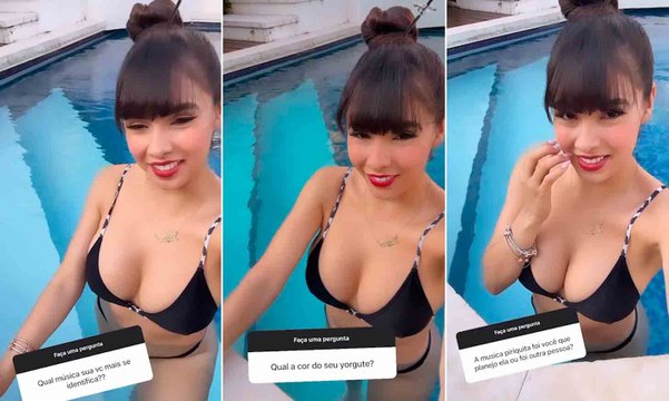 De biquíni na piscina, Juliana Caetano responde perguntas de fãs