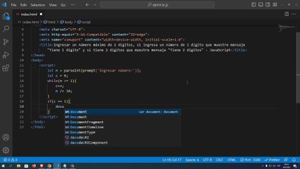 Ingresar un número máximo de 2 dígitos, si ingresa un número de 1 dígito que muestre mensaje "Tiene 1 dígito" y si tiene 2 dígitos que muestre mensaje "Tiene 2 dígitos" en JavaScript