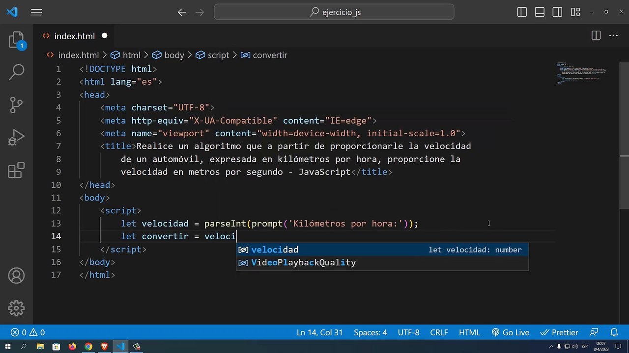 Realice un algoritmo que a partir de proporcionarle la velocidad de un automóvil, expresada en kilómetros por hora, proporcione la velocidad en metros por segundo en JavaScript
