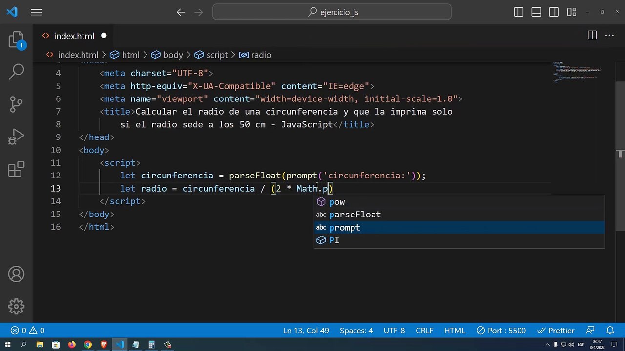Calcular el radio de una circunferencia y que la imprima solo si el radio sede a los 50 cm en JavaScript