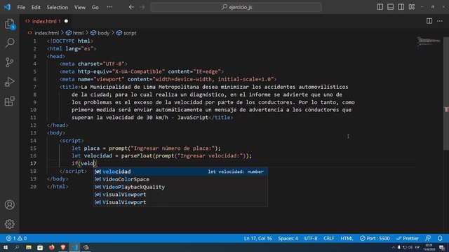 La Municipalidad de Lima Metropolitana desea minimizar los accidentes automovilísticos de la ciudad; para lo cual realiza un diagnóstico, en el informe se advierte que uno de los problemas es el exceso de la velocidad por parte de los... en JavaScript