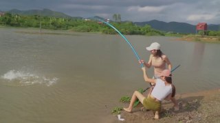 Amazing Fishing | Two Beautiful Girls Trying To Catch Giant Fish | Hook Fishing