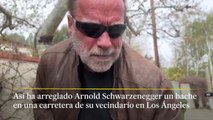 Arnold Schwarzenegger arregla un bache en una carretera de su vecindario en Los Ángeles