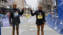 Moment Boston Marathon winners Evans Chebet and Hellen Obiri cut the finish line