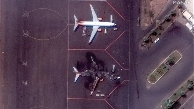Sudan: Burnt-out planes lie on runway as fighting continues between army and paramilitaries
