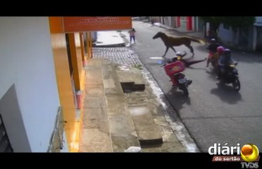 Mulher é arremessada da garupa de uma moto ao ser atropelada por cavalo em plena via pública, na PB