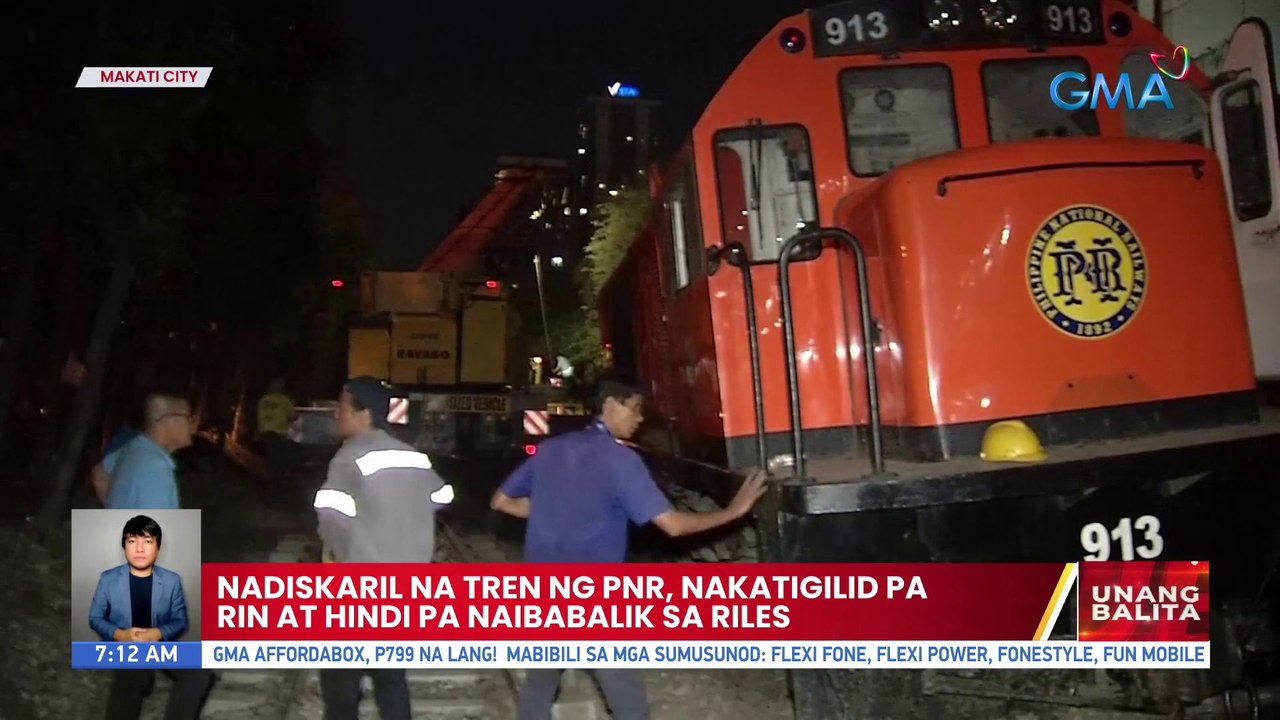 Nadiskaril na tren ng PNR, nakatigilid pa rin at hindi pa naibabalik sa riles | UB