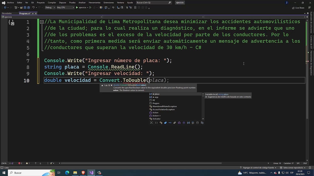 La Municipalidad de Lima Metropolitana desea minimizar los accidentes automovilísticos de la ciudad; para lo cual realiza un diagnóstico, en el informe se advierte que uno de los problemas es el exceso de la velocidad por parte de los conductores... en C#