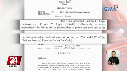 Pagpapawalang-sala sa 4 counts ng tax evasion nina Ret. Lt. Gen. Jacinto Ligot at kanyang asawa, pinagtibay ng Korte Suprema | 24 Oras