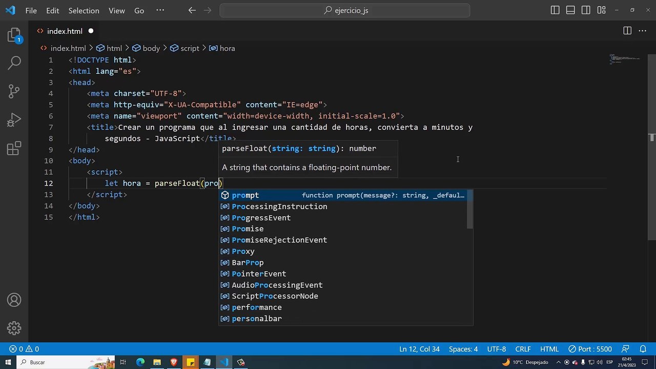 Crear un programa que al ingresar una cantidad de horas, convierta a minutos y segundos en JavaScript