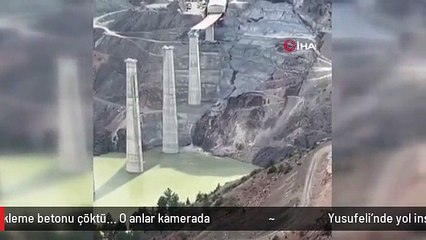 Yusufeli'nde yol inşaatının destekleme betonu çöktü... O anlar kamerada