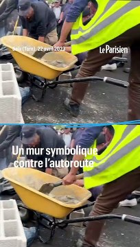 A69 Toulouse-Castres : un mur de parpaings construit sur la route par des manifestants