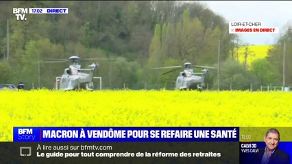 Emmanuel Macron s'apprête à quitter Vendôme à bord d'un hélicoptère