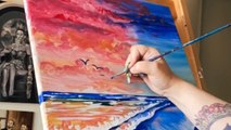 Artist does a wonderful painting of Twilight at Beach *Time-lapse*