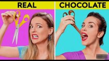 REAL VS CHOCOLATE FOOD CHALLENGE || Last To STOP Eating Wins! Taste Test by 123 GO! FOOD