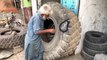Old Man Repairing A Huge Old Tire Sidewall - Amazing Repairing of Monster Tire -