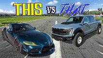 2023 latest Ford F-150 Raptor R (700 HP) vs Toyota GR Supra drag race __ THIS vs THAT