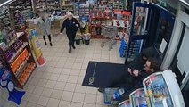Moment shopkeeper tackles attempted beer thief to the ground