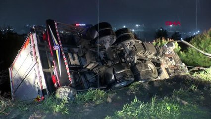 İSTANBUL-BAŞAKŞEHİR'DE KAMYON AĞAÇLIK ALANA DEVRİLDİ; OTOYOLA DÜŞMESİNİ ENGELLEMEK İÇİN HALATLI ÖNLEM