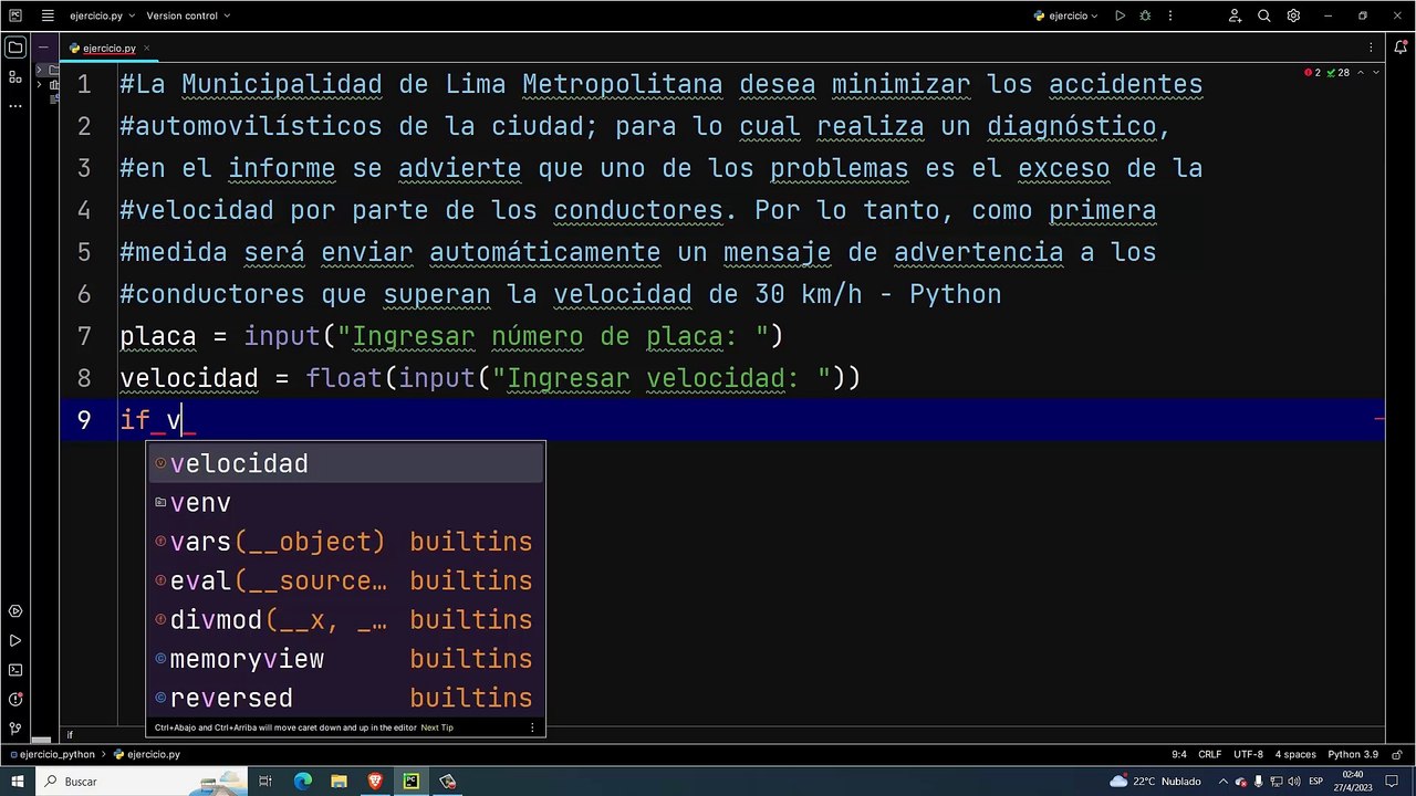 La Municipalidad de Lima Metropolitana desea minimizar los accidentes automovilísticos de la ciudad; para lo cual realiza un diagnóstico, en el informe se advierte que uno de los problemas es el exceso de la velocidad por parte de los... en Python