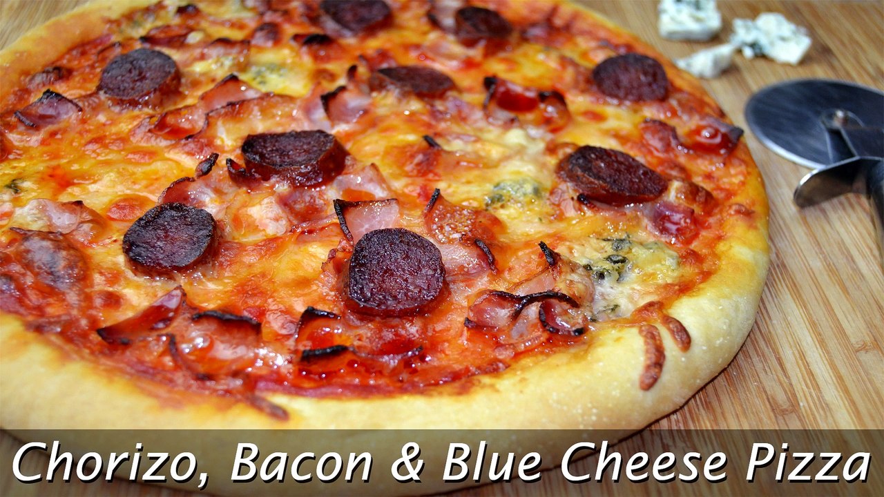 Chorizo, Bacon & Blue Cheese Pizza Easy Homemade Pizza Recipe video