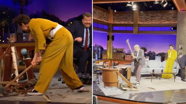 Harry Styles and Will Ferrell smash James Corden’s Late Late Show desk with sledgehammers