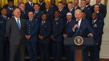 Watch again as US president Joe Biden presents trophy to US Air Force American football team.