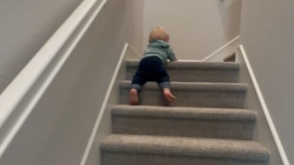 Adorable toddler masters the art of walking down stairs