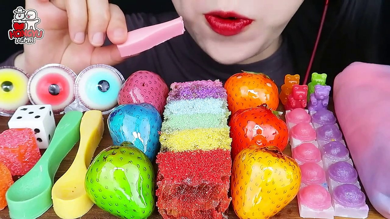 ASMR RAINBOW DESSERTS EDIBLE SPOON, HONEYCOMB, TANGHULU, KOHAKUTO  EATING MUKBANG