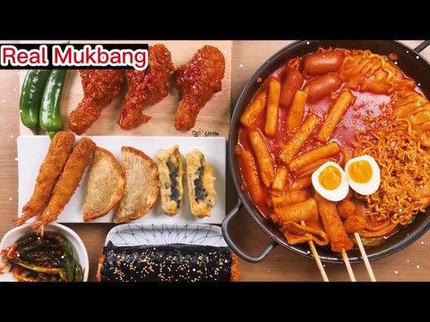 ASMR MUKBANG Spicy chicken Tteokbokki, Seasoned Chicken, Cheese Kimchi Gimbap, fried food, Eating