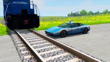 Lowboy Trailer Tractor Truck Fallen Tree Car Rescue - Cars vs Train and Rails - BeamNG.drive_2