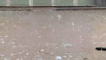 सकट. कस्बे में बारिश के साथ गिरे ओले व मुख्य सड़क पर बहता बारिश का पानी।
