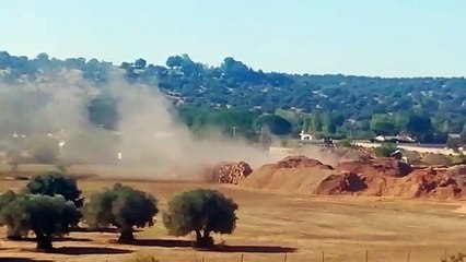 Beatriz grabando la actividad del aserradero que tiene frente a su casa en el pueblo madrileño de Villamanta.