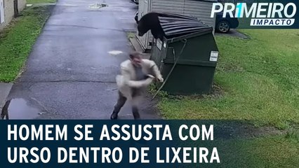Diretor de escola toma susto ao abrir lixeira e se deparar com urso   Primeiro Impacto (03 05 23)