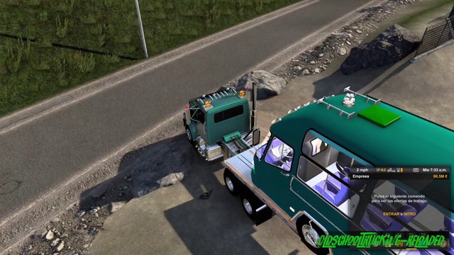 International 4700 with bus in flatbed. American Truck Simulator