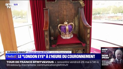 Une nacelle du London Eye reproduite avec le décor de Westminster à la veille du couronnement de Charles III