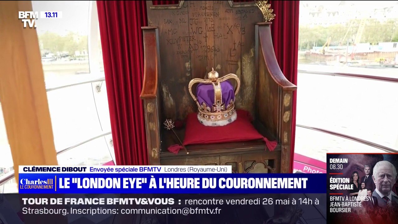 Une nacelle du London Eye reproduite avec le décor de Westminster à la veille du couronnement de Charles III