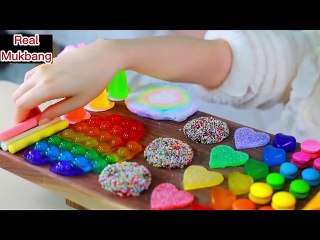 Download Video: ASMR MUKBANG Rainbow Desserts! Push pop Jelly, Condensed milk Chocolate, Chewy Ice cream, Kohakuto.